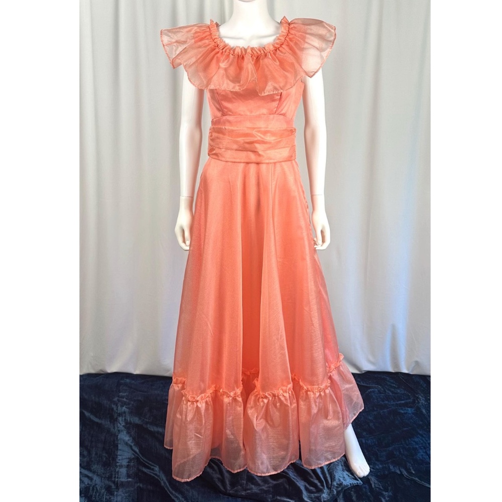 Vintage 1960’s 1970’s Custom Made Ruffled Collar Evening Gown in Orange • XS/S
